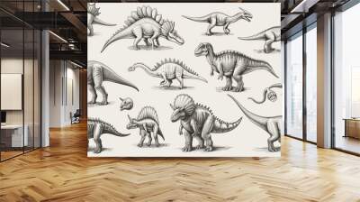 This image showcases a series of detailed dinosaur illustrations in various poses, highlighting their anatomical features and diversity, providing an educational and artistic view. Wall mural