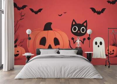 Whimsical Halloween Scene with a Cat, Pumpkin, and Ghost Wall mural