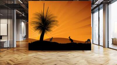 Silhouette of grass tree and kangaroos Wall mural