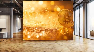 Bitcoin Coin on Glittering Gold Background Symbolizing Wealth Wall mural