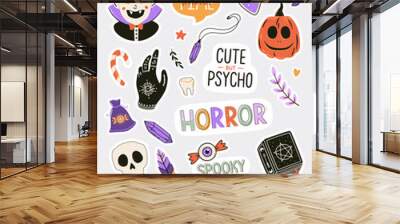 Collection of cute Halloween characters and symbols. Hand drawn design elements. Halloween stickers set. Vector illustrations and typography. Wall mural