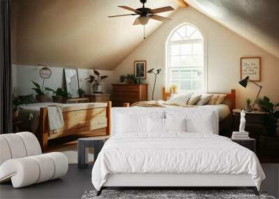 A cozy and bright attic bedroom with a wooden bed frame, a large window letting in natural light, and various decorative elements like plants and artwork on the walls Wall mural