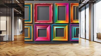 Set of modern decorative bright multi colour picture frames isolated on transparent background. Wall mural