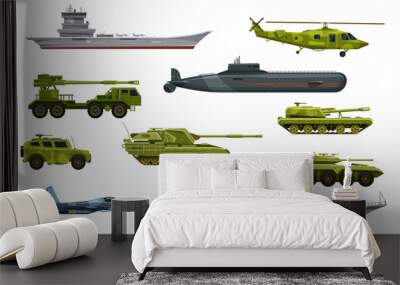 Military transport, army vehicles and war equipment, vector flat icons. Military tank, plane, submarine and helicopter, army artillery, combat weapon and wartime ammunition technics isolated set Wall mural