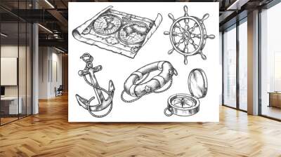 Set of isolated sketch of sea,ship, boat equipment Wall mural