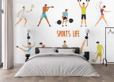 Set of isolated woman and man at sport exercise Wall mural