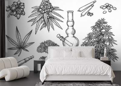 Set of sketches for marijuana items, hemp leaves Wall mural