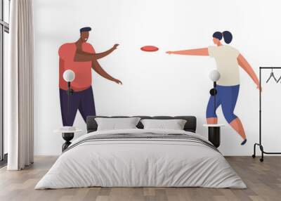 Simplistic characters playing frisbee game. Vector illustration for disk play. Throwing and catching disc activity. Flying plate exercise. Motion and leisure, recreation and active summer theme. Wall mural