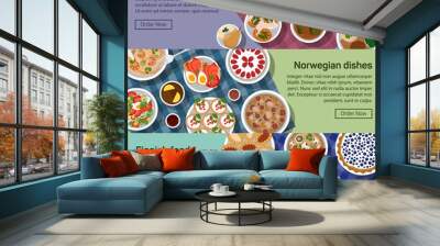 Vector flat illustration banners of finnish, norwegian, swedish national dishes. Egg, jam, meatball, sauce, smushroom, tew, lapskaus, karelian, strawberry, reindeer roast with healthy ingredients. Wall mural