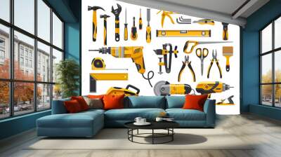 Work tools, construction instruments for repair, woodworking and renovation, vector flat isolated yellow set. Home remodeling, carpentry and masonry building tools, electric drill, screwdriver and saw Wall mural