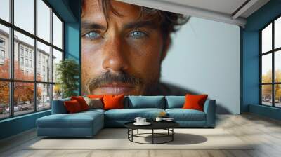 Professional studio photo portrait of a attractive handsome man, beautiful guy with beard, a person, with a pronounced emotional expression, widescreen 16:9 Wall mural