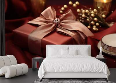 red gift box with golden ribbon Wall mural