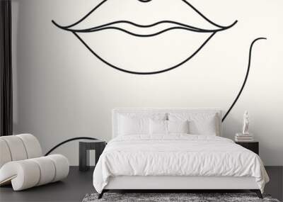 Continuous contour of female lips in one line, simple vector sketch, white background Wall mural