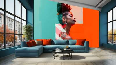 Photo of charming beautiful African female model with colorful creative makeup set against a background of abstract geometric contrast shapes in bright ethnic colors. Fashion style photo. Wall mural