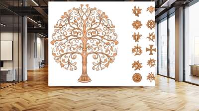 Byzantine traditional historical motifs of animals, birds, flowers and plants Clip art, set of elements for design Vector illustration. Wall mural