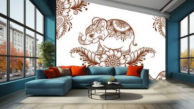 Elephant in eastern ethnic style, traditional indian henna ornament. Seamless pattern, background. Vector illustration.. Wall mural