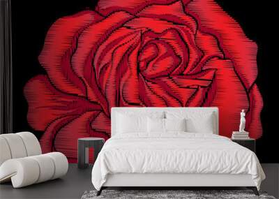 Embroidery red rose on black background. Stock line vector illus Wall mural