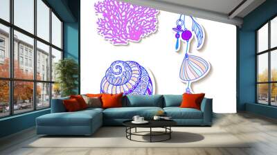 fashion patch set, badges with fish, shells, corals. this illust Wall mural