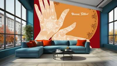 Female hands with traditional indian white henna tattoo. Template for tottoo salon banner, wedding invitation, gift voucher, label. Vector illustration. Wall mural