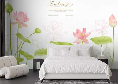 Lotus flowers. Template for wedding invitation, greeting card, banner, gift voucher with place for text. Colored and outline design. Vector illustration. Wall mural