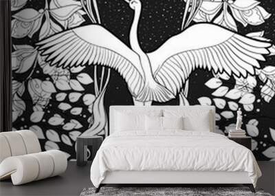 Poster, background with decorative flowers and bird in art nouveau style. Black-and-white graphics.
 Wall mural