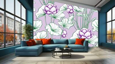 Seamless pattern, background with lotus flower. Botanical illust Wall mural