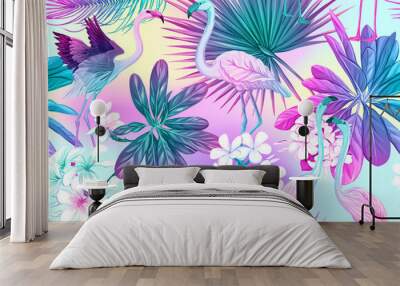 Seamless pattern, background with tropical plants, flowers and birds. Colored vector illustration in neon, fluorescent colors. In light ultra violet pastel colors on mesh pink, blue background Wall mural