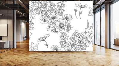 Seamless pattern with poppy flowers daffodil, anemone, violet in Wall mural