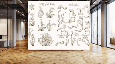 Set of spring flowers: iris, lily of the valley, snowdrop, daffodil. In art nouveau style, vintage, old, retro style. Outline vector illustration. Wall mural