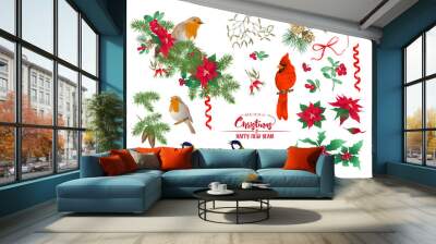 Tit bird, Robin bird, Cardinal bird, Christmas wreath of spruce, pine, poinsettia, dog rose, fir. Set of elements for design Colored vector illustration. Isolated on white background. . Wall mural