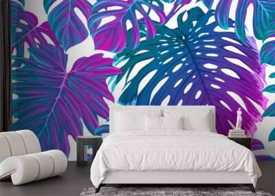 Tropic leaves seamless pattern in neon colors Wall mural