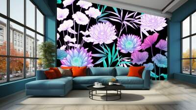 Tropical plants and flowers. Seamless pattern, background. Colored and outline design. Vector illustration in neon, fluorescent colors. Isolated on black background.. Wall mural