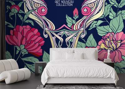 Unicorn and fantastic vintage flowers. Wall mural