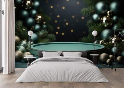 Empty green round podium among Christmas decorations. Modern product display Wall mural