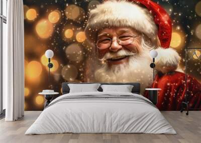 Happy smiling Santa Claus on golden bokeh background. Generative AI Wall mural