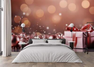 Pink gift box and pink Christmas balls on a blurred background with bokeh. Christmas banner Wall mural