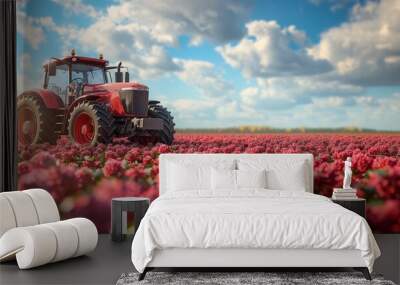 Red tractor on a bright clover field under a blue sky. Agricultural banner Wall mural