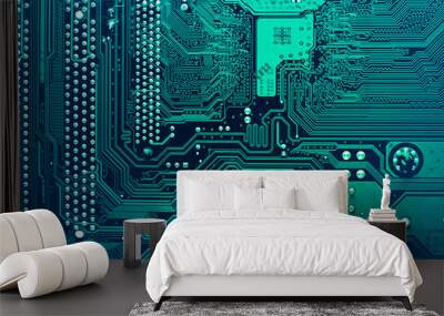 Circuit board. Electronic computer hardware technology. Motherboard digital chip. Tech science background. Integrated communication processor. Information engineering component. Wall mural