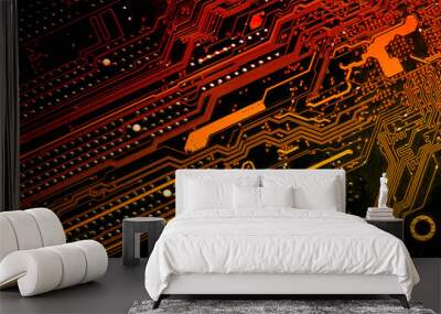 Close up of a printed diagonal red and yellow computer circuit board Wall mural