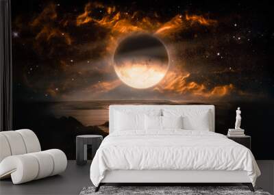 Landscape in fantasy alien planet with flaming moon and galaxy background. Elements of this image furnished by NASA Wall mural