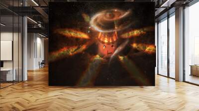 Spaceship launch in a style of cartoon character with flame and clouds of stars around and spiral galaxy at the front of. Elements of this image furnished by NASA. Wall mural