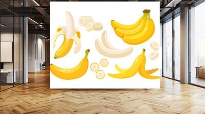 Banana set. Whole, half, peeled bananas, bunches, and slices of fruits isolated on white background Wall mural