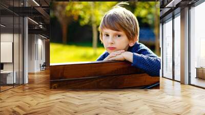 A charming red-haired boy sits on a Park bench and looks at the camera. Wall mural