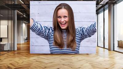  girl long hair vest happy, 1 a young woman with happy face, girl laughing Wall mural