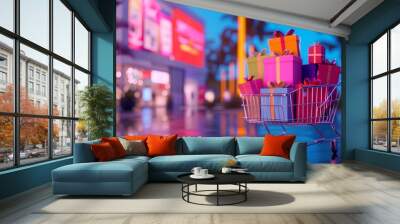  shopping cart overflowing with packages, electronics, and colorful gift boxes, concept of retail sales, discounts and online offers, news, shopping and consumerism Wall mural