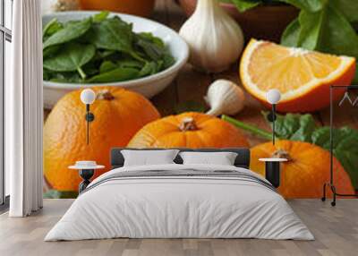 1.	Photorealism, A vibrant display of various immune-boosting foods, including oranges, garlic, and spinach, arranged on a wooden table, with natural light highlighting their textures Wall mural