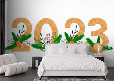 2023 golden foil numbers with Christmas wreath evergreen watercolor illustration. Hand drawn design element isolated on transparent background for sublimation, t shirt, mugs, New year banner Wall mural