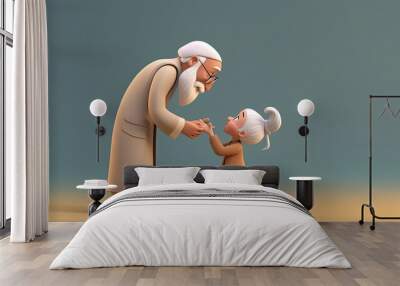 3d illustration eid al adha concept. Old man with a child. Child kissing old person's hands. Traditional concept. Generative AI Wall mural