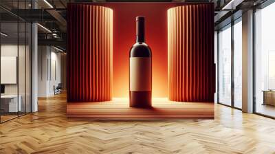 A bottle with a blank label centered between two wooden textured columns, warm orange-red gradient background, ideal for product presentation, advertising, or design concepts Wall mural