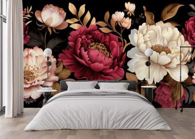 A bouquet of red, pink and white flowers of roses and peonies on a black background, with petals.	 Wall mural